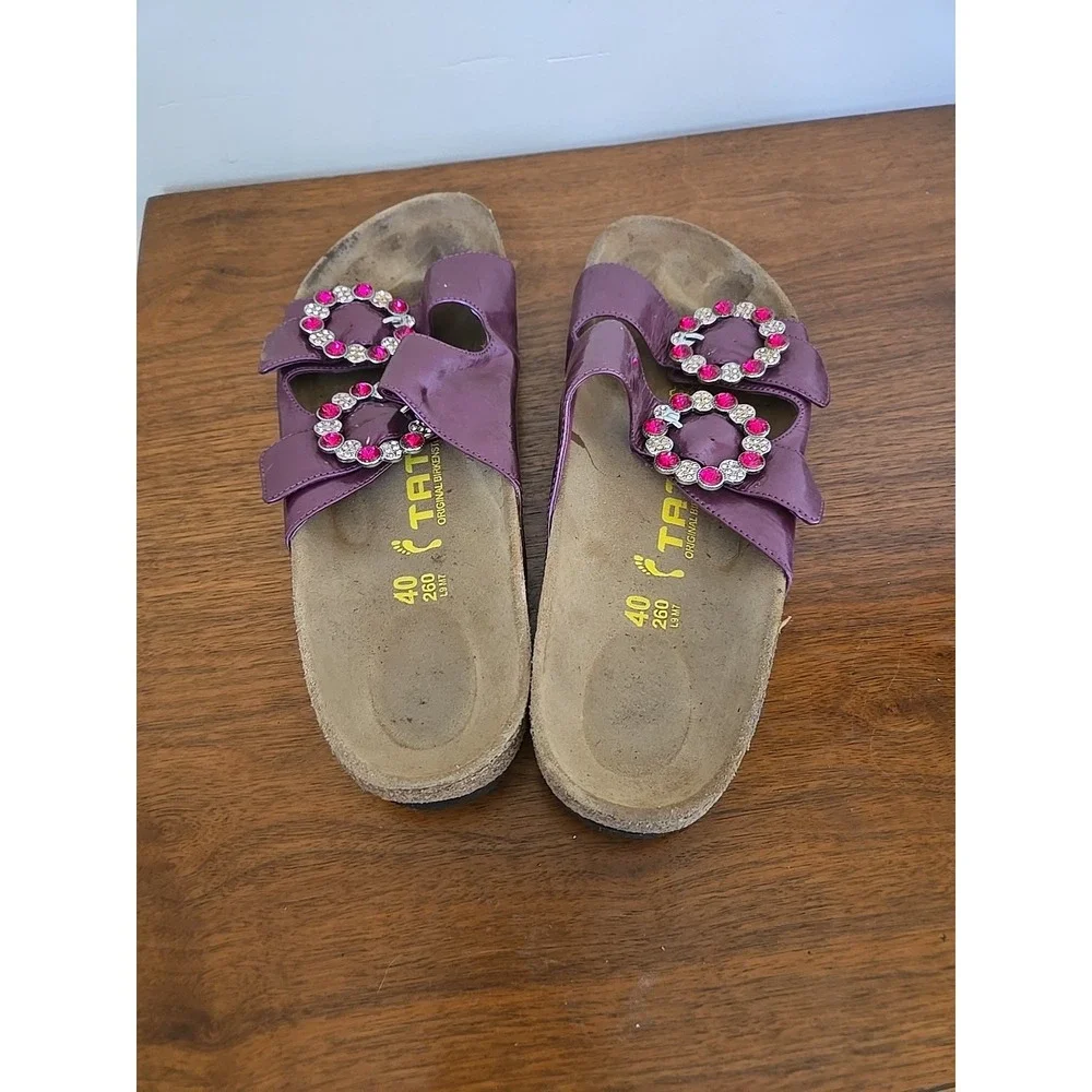 Tatami Birkenstock Sandals Womens 40 Narrow Purple Leather Rhinestone Slide